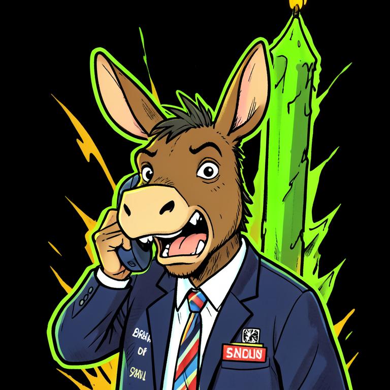 Cartoon donkey in a trading jacket shouting into a phone as a green candle rips